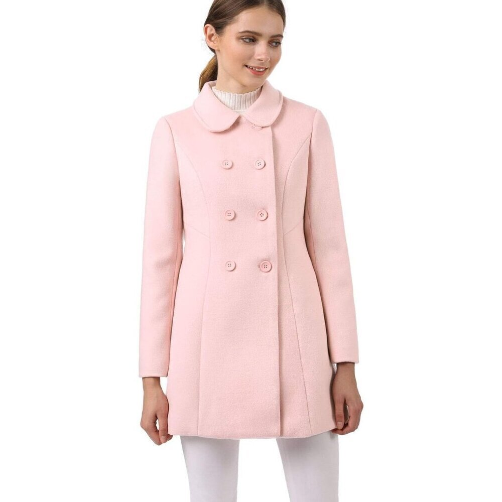 🆕Women's Pink Peter Pan Collar Double Breasted Winter Long Trench Pea Coat